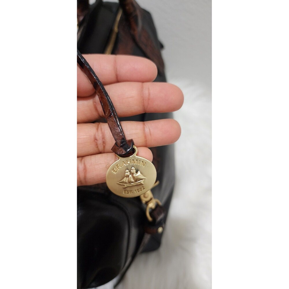 BRAHMIN TUSCAN COLLECTION Black Leather Shoulder Bag Croc Trim Handbag Purse - Picture 7 of 16
